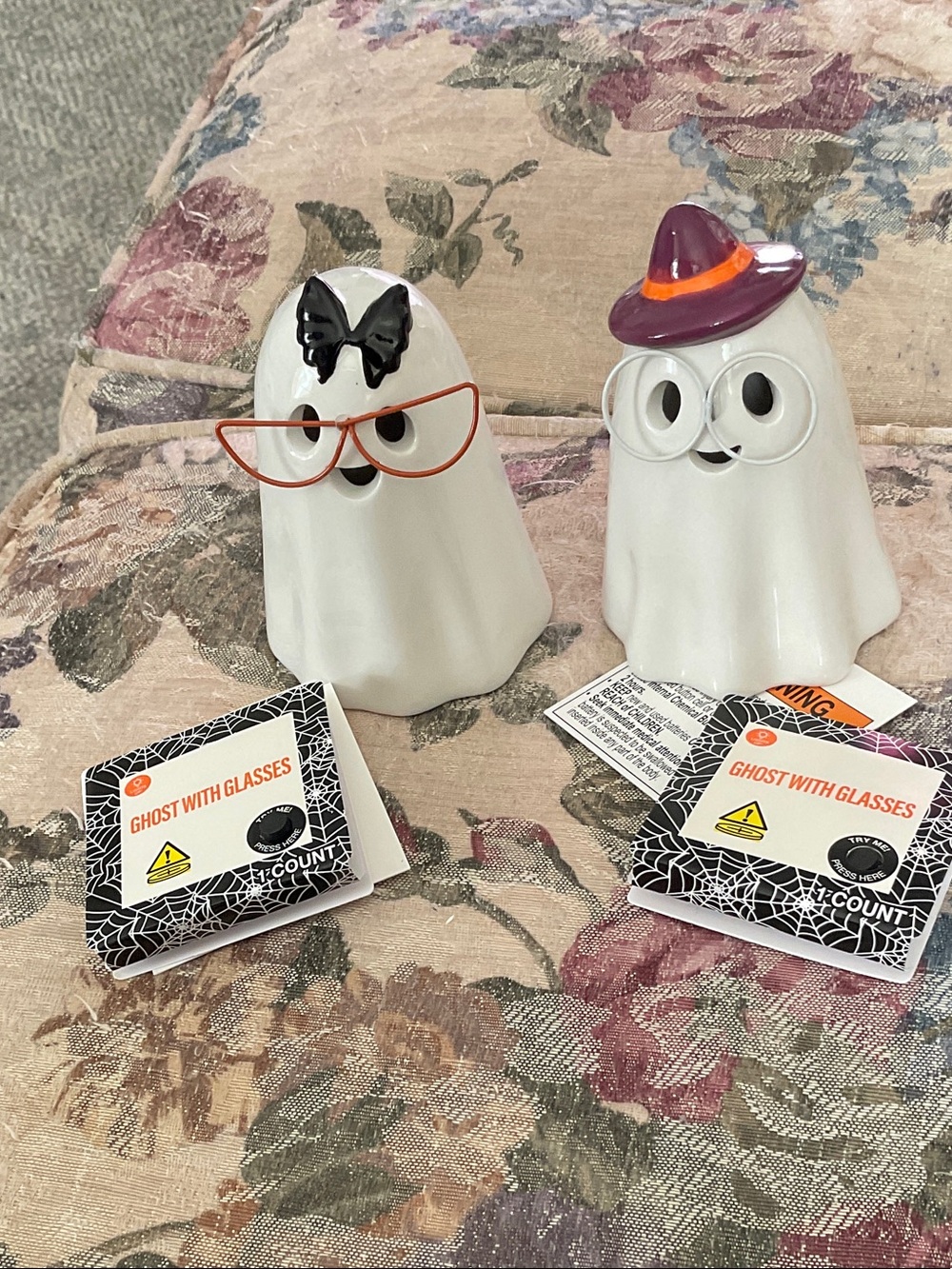 MR. AND MRS. CERAMIC LIGHT UP GHOSTS WITH GLASSES-NEW